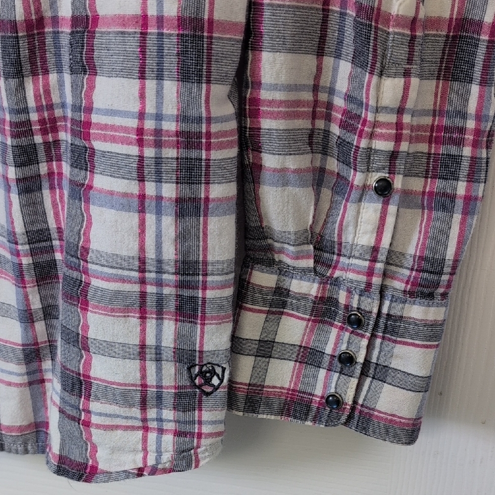 Ariat Women's Plaid Button-Down Shirt - Pink and Gray Embroided Back - Picture 4 of 11